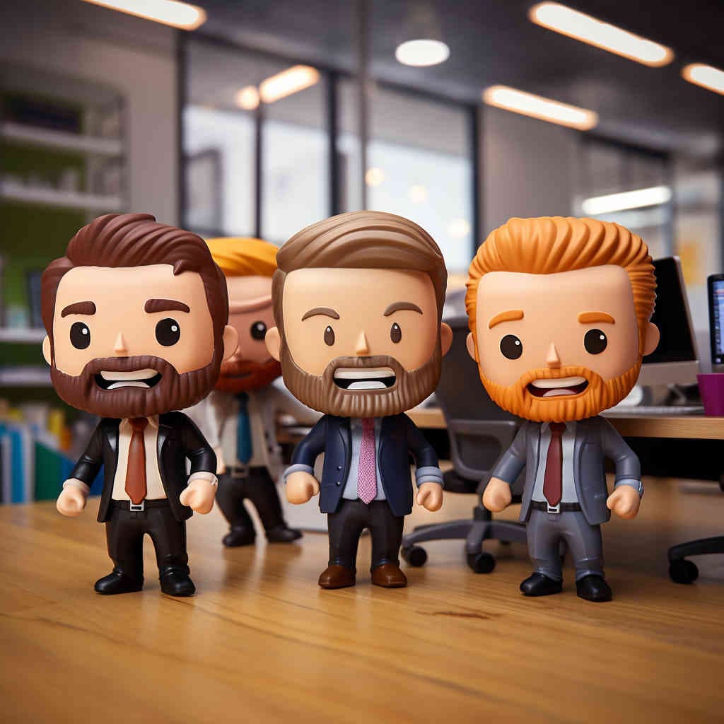 Three Happy coworkers posing on a desk
